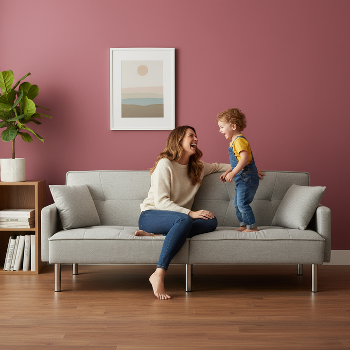 85" Light Gray Polyester Blend Convertible Futon Sleeper Sofa And Toss Pillows With Silver Legs