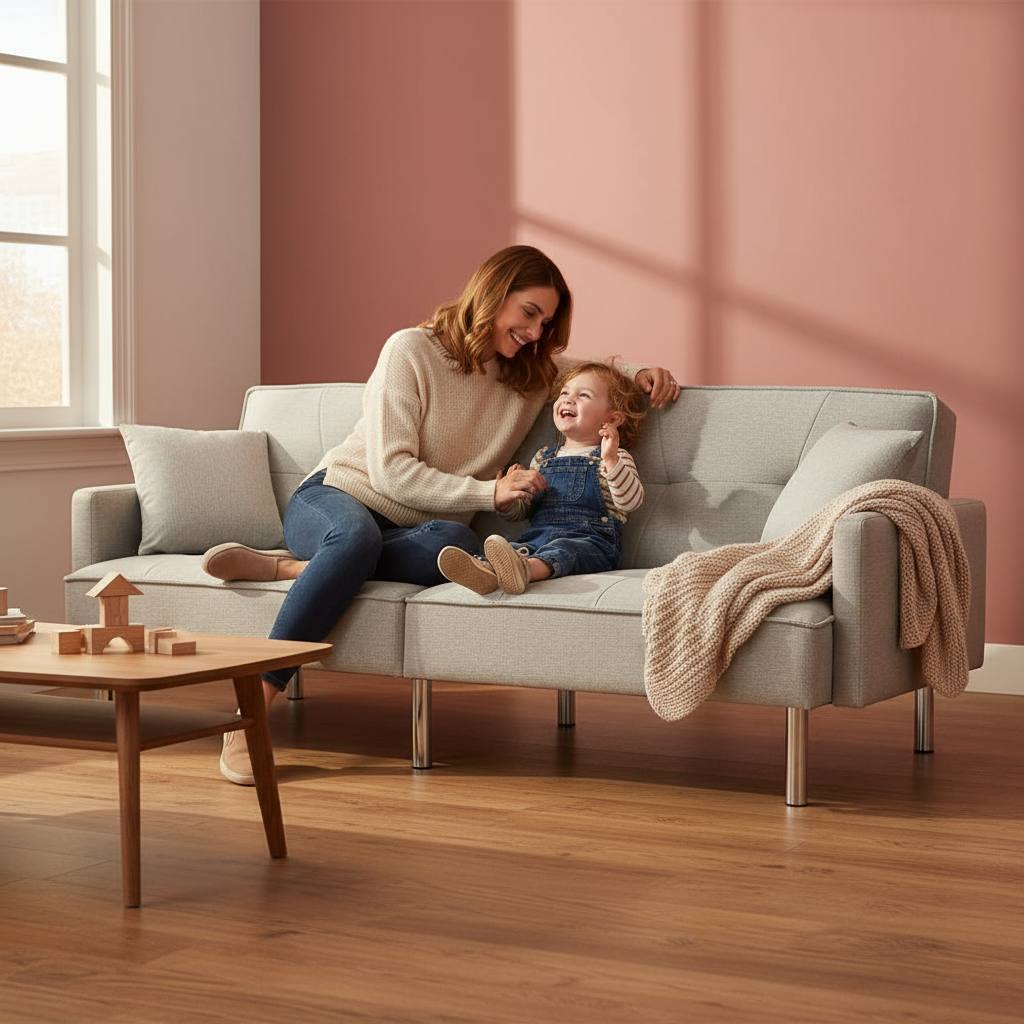 85" Light Gray Polyester Blend Convertible Futon Sleeper Sofa And Toss Pillows With Silver Legs