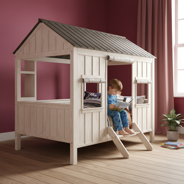 White Solid Wood Full House Bed