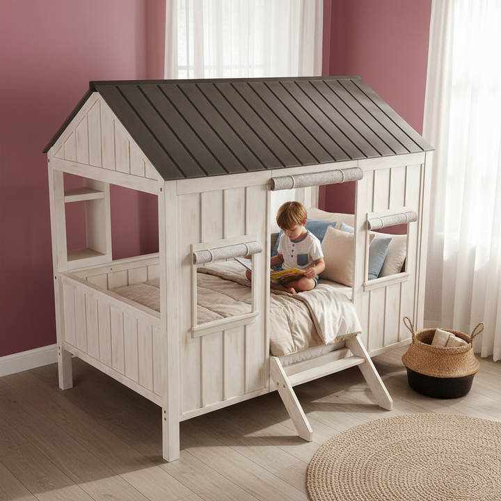 White Solid Wood Full House Bed
