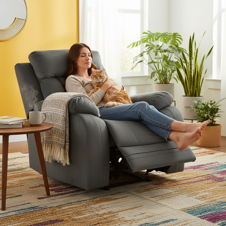 Gray Microfiber Manual Reclining Chair - Contemporary Steel Base Design for Modern Living