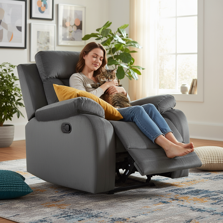 Gray Microfiber Manual Reclining Chair - Contemporary Steel Base Design for Modern Living