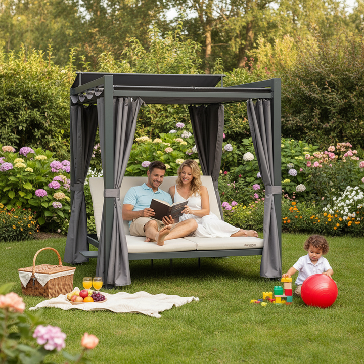 Aluminum Outdoor Patio Daybed – 2-Person Adjustable Lounger with Canopy Curtains, Cushions & Hidden Table | Trufairs
