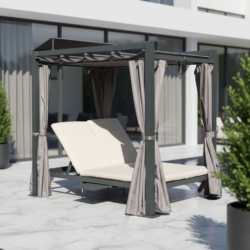 Aluminum Outdoor Patio Daybed – 2-Person Adjustable Lounger with Canopy Curtains, Cushions & Hidden Table | Trufairs