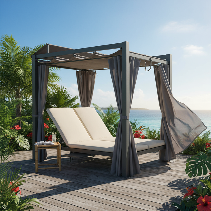 Aluminum Outdoor Patio Daybed – 2-Person Adjustable Lounger with Canopy Curtains, Cushions & Hidden Table | Trufairs