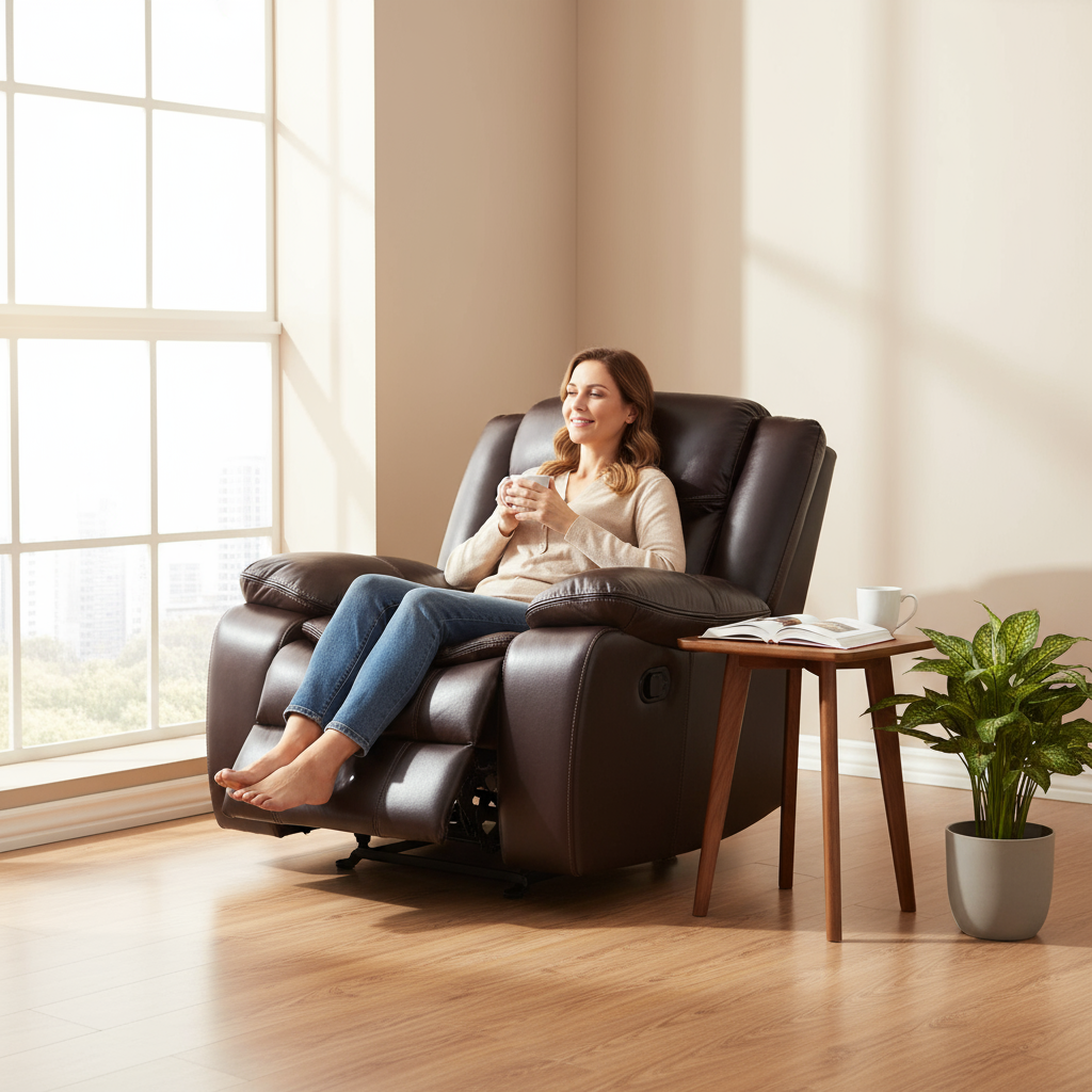 Brown Leather Manual Reclining Chair - Premium Comfort for TV Watching & Relaxation