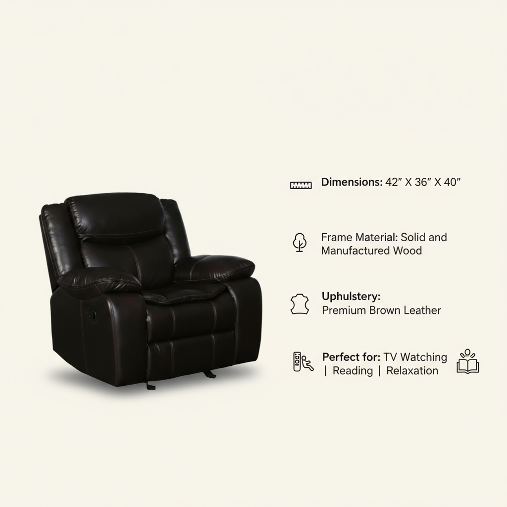 Brown Leather Manual Reclining Chair - Premium Comfort for TV Watching & Relaxation