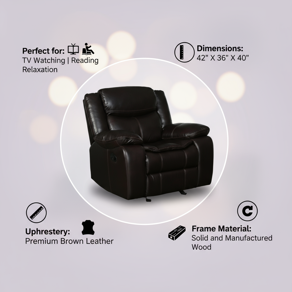 Brown Leather Manual Reclining Chair - Premium Comfort for TV Watching & Relaxation