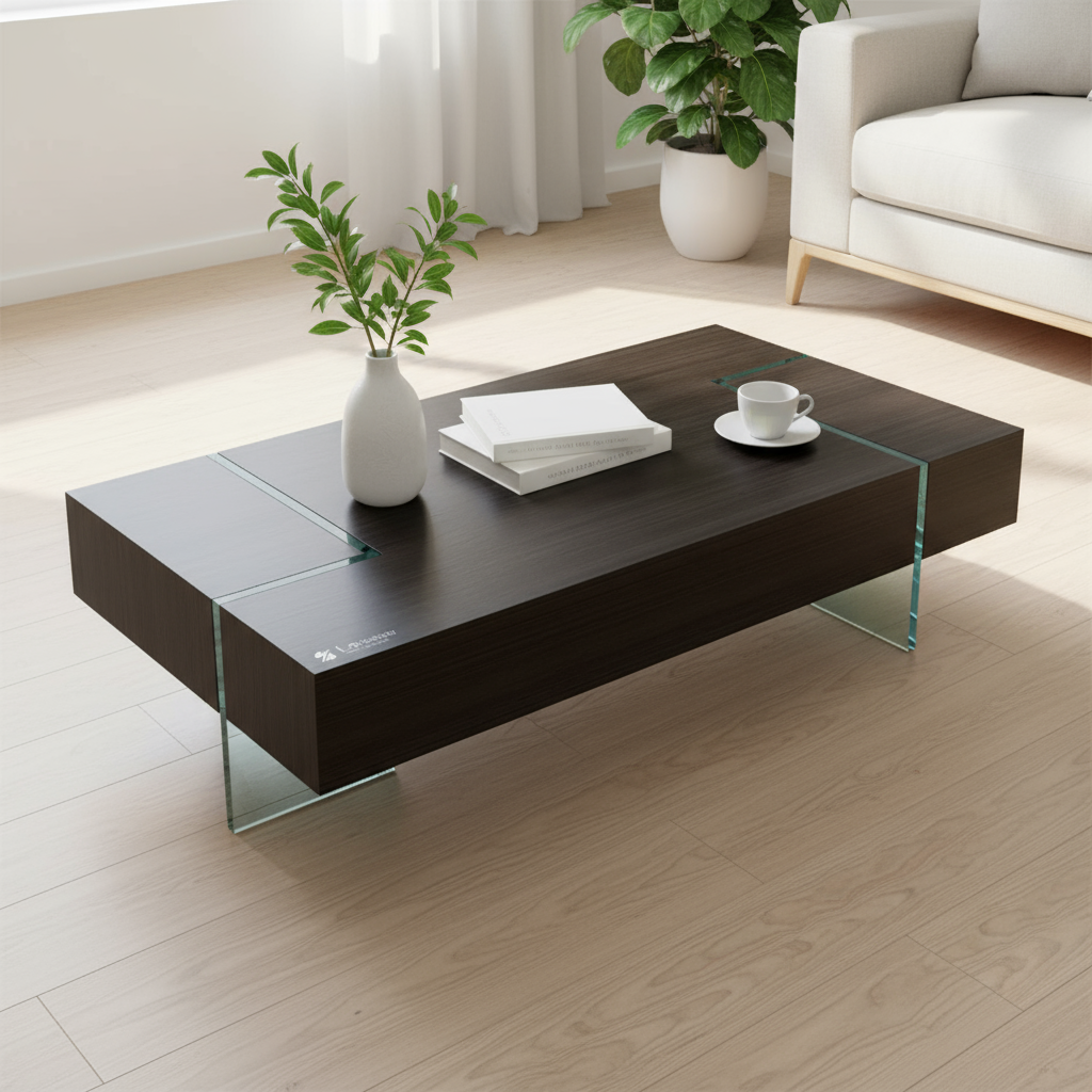 53" Black And Clear Wood And Glass Sled Coffee Table