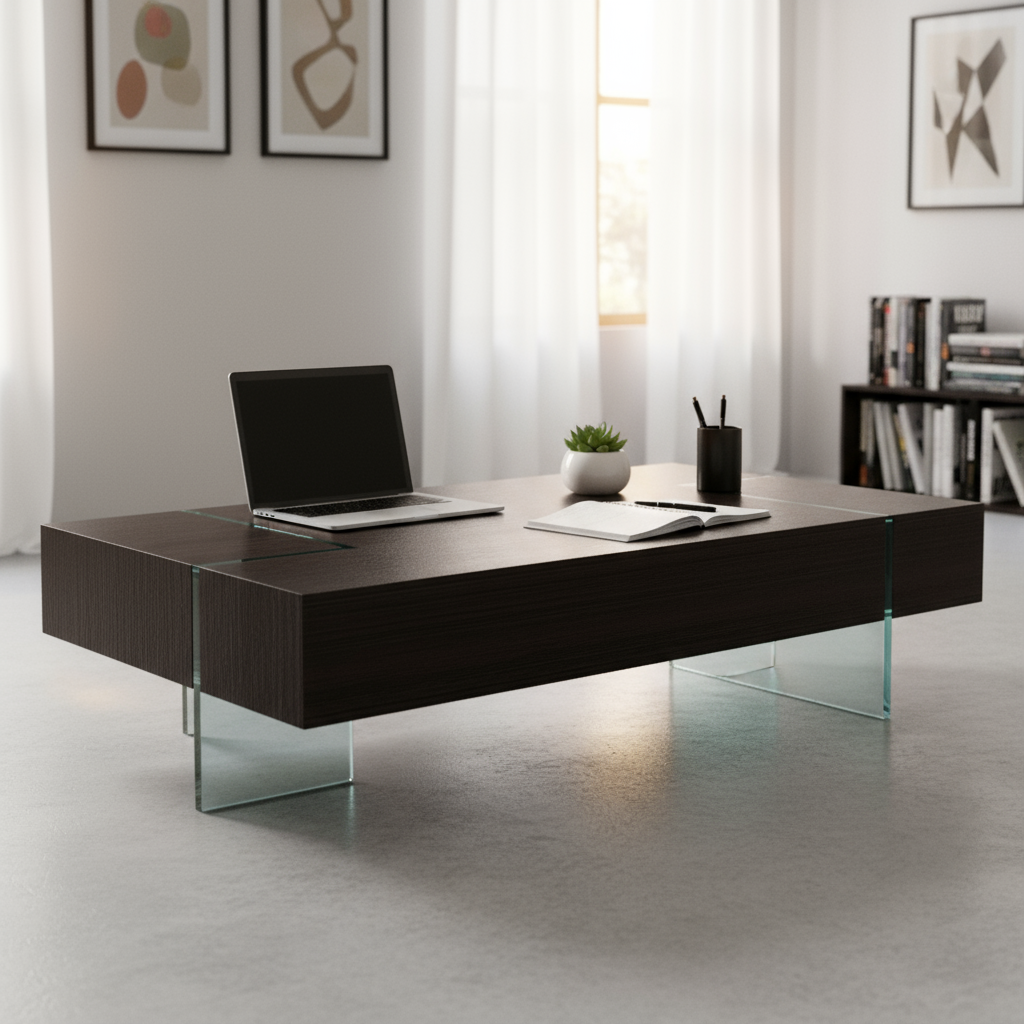 53" Black And Clear Wood And Glass Sled Coffee Table