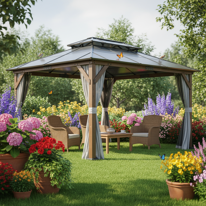 Exclusive 10' x 13' Hardtop Wood Gazebo - Premium Outdoor Framed Pavilion with Polycarbonate Double Roof