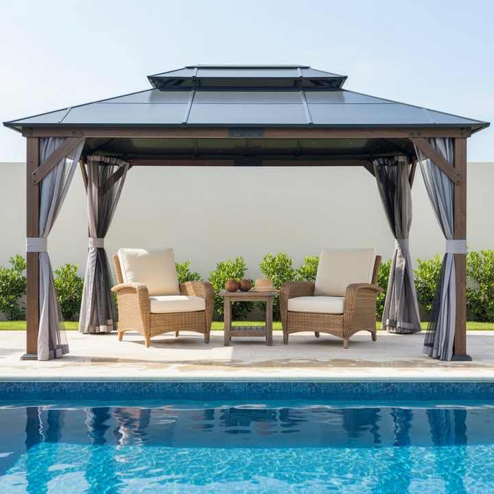 Exclusive 10' x 13' Hardtop Wood Gazebo - Premium Outdoor Framed Pavilion with Polycarbonate Double Roof