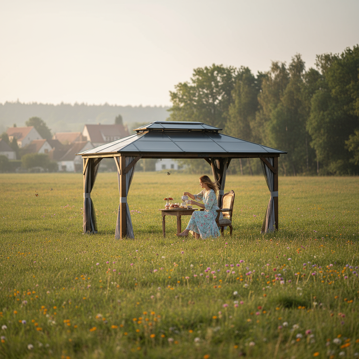 Exclusive 10' x 13' Hardtop Wood Gazebo - Premium Outdoor Framed Pavilion with Polycarbonate Double Roof