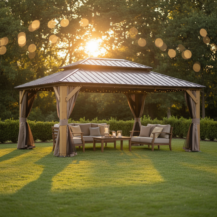 Exclusive 12' x 16' Cedar Wood Gazebo - Premium Solid Wood Hardtop Pavilion with Galvanized Steel Double Roof