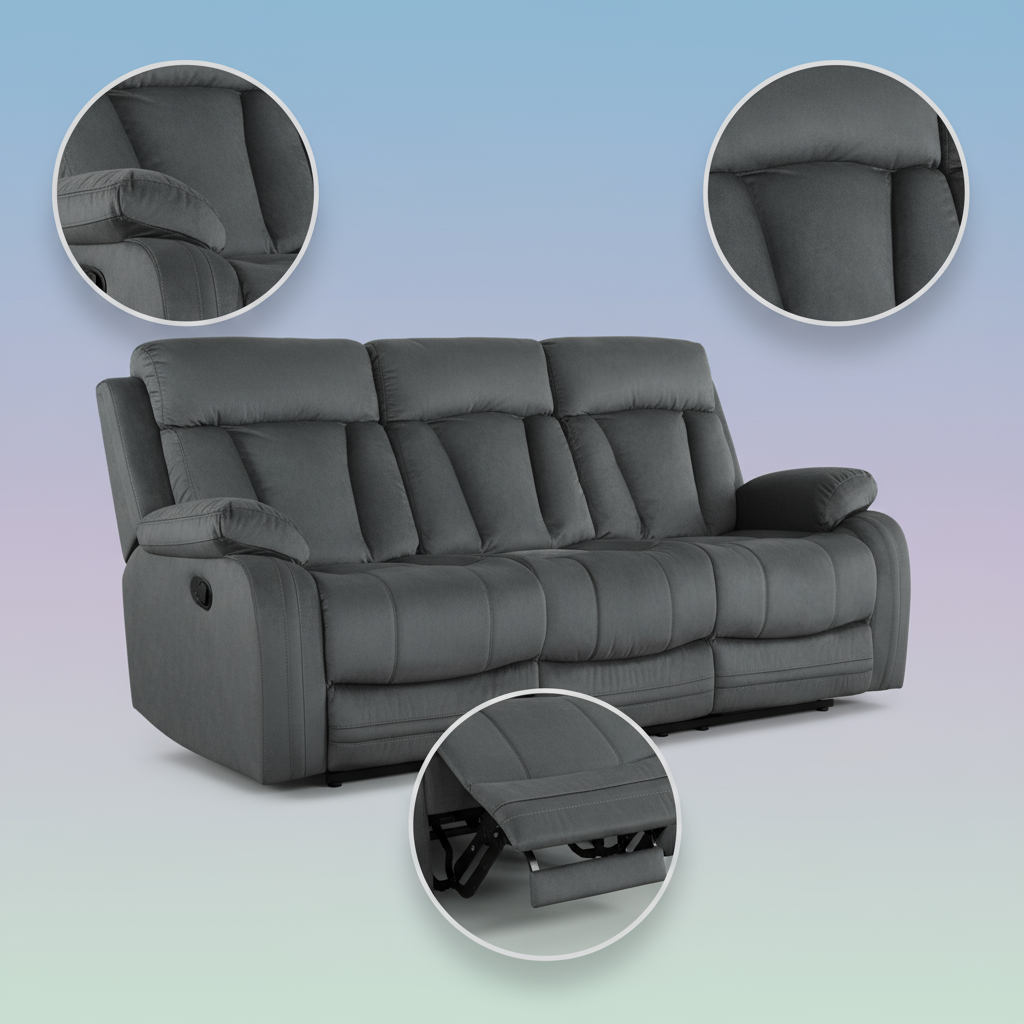 Premium Grey Microsuede Manual Recliner Sofa with Steel Base - Contemporary 3-Seat Glider Reclining Sofa for Modern Living Room
