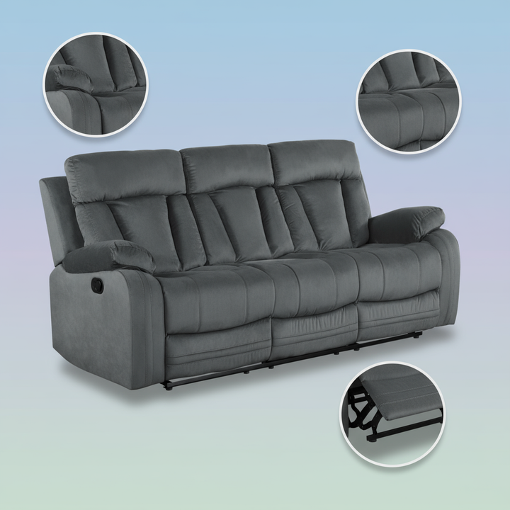 Premium Grey Microsuede Manual Recliner Sofa with Steel Base - Contemporary 3-Seat Glider Reclining Sofa for Modern Living Room