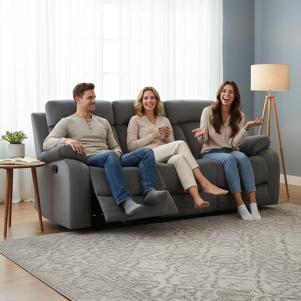 Premium Grey Microsuede Manual Recliner Sofa with Steel Base - Contemporary 3-Seat Glider Reclining Sofa for Modern Living Room