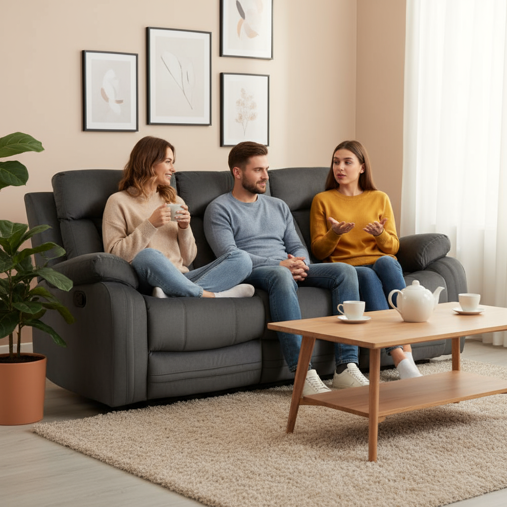 Premium Grey Microsuede Manual Recliner Sofa with Steel Base - Contemporary 3-Seat Glider Reclining Sofa for Modern Living Room