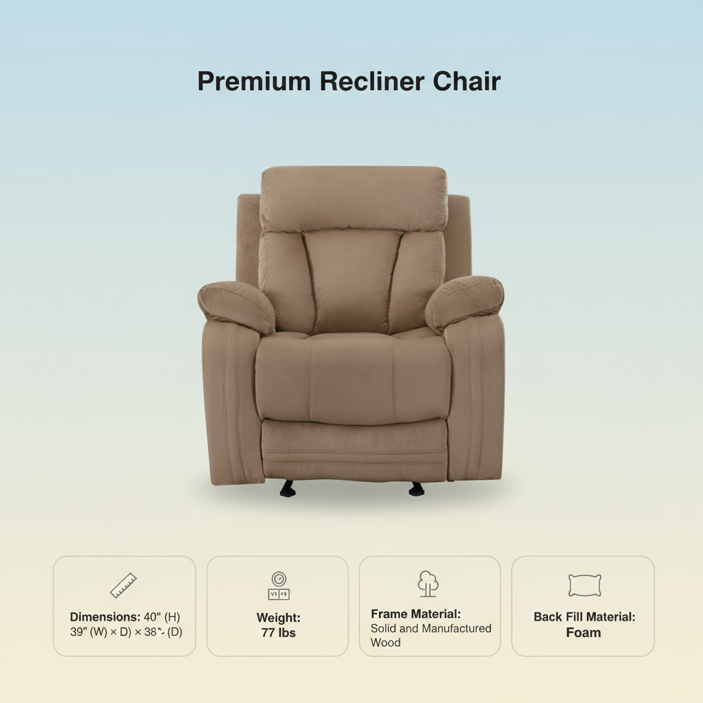Premium Beige Microsuede Manual Recliner Chair with Steel Base - Contemporary Single-Seat Glider Reclining Chair for Modern Living Room