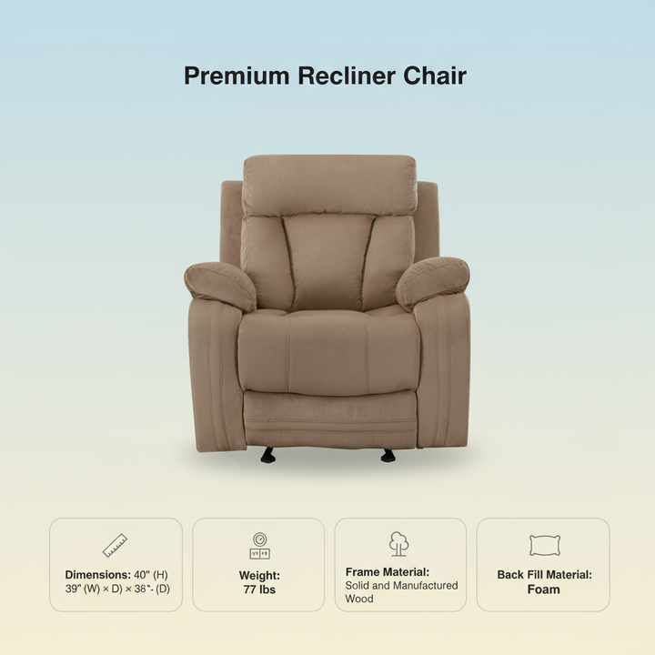 Premium Beige Microsuede Manual Recliner Chair with Steel Base - Contemporary Single-Seat Glider Reclining Chair for Modern Living Room
