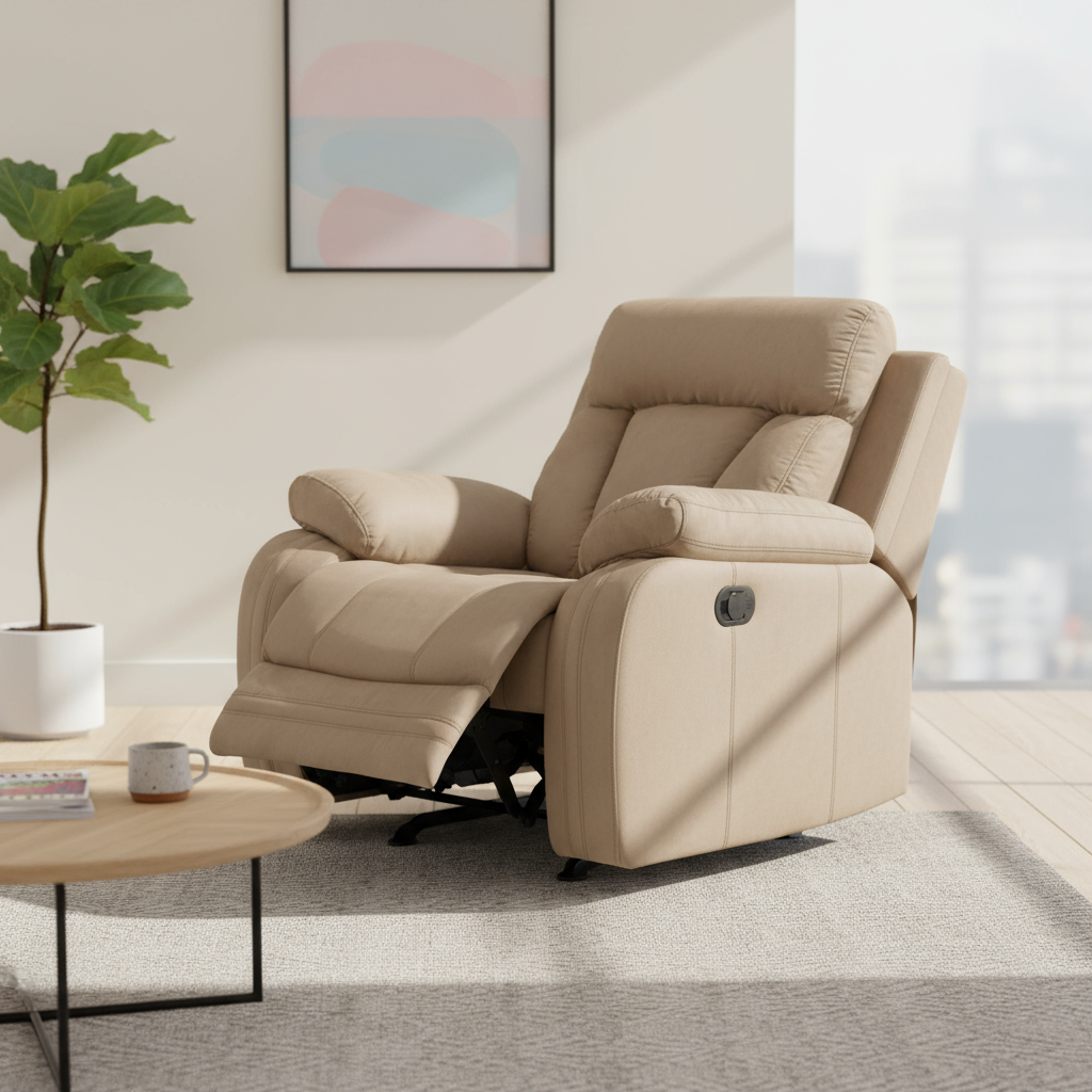 Premium Beige Microsuede Manual Recliner Chair with Steel Base - Contemporary Single-Seat Glider Reclining Chair for Modern Living Room