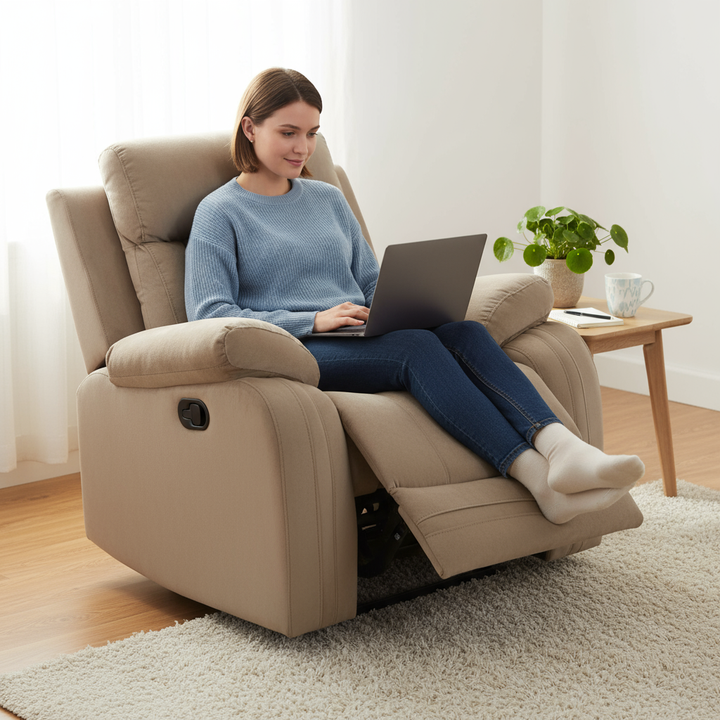 Premium Beige Microsuede Manual Recliner Chair with Steel Base - Contemporary Single-Seat Glider Reclining Chair for Modern Living Room