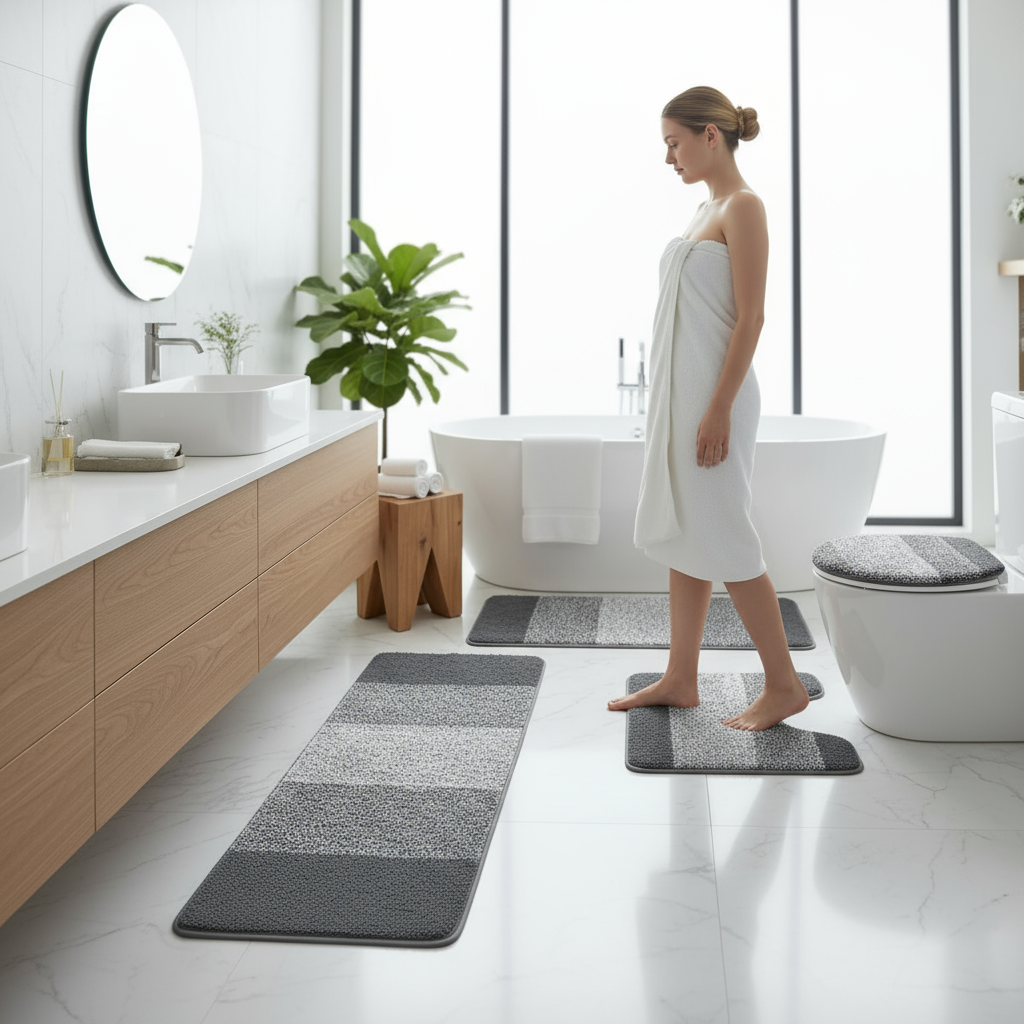 Traditional 4 Piece Microfiber Washable Bathroom Rug Set, Grey