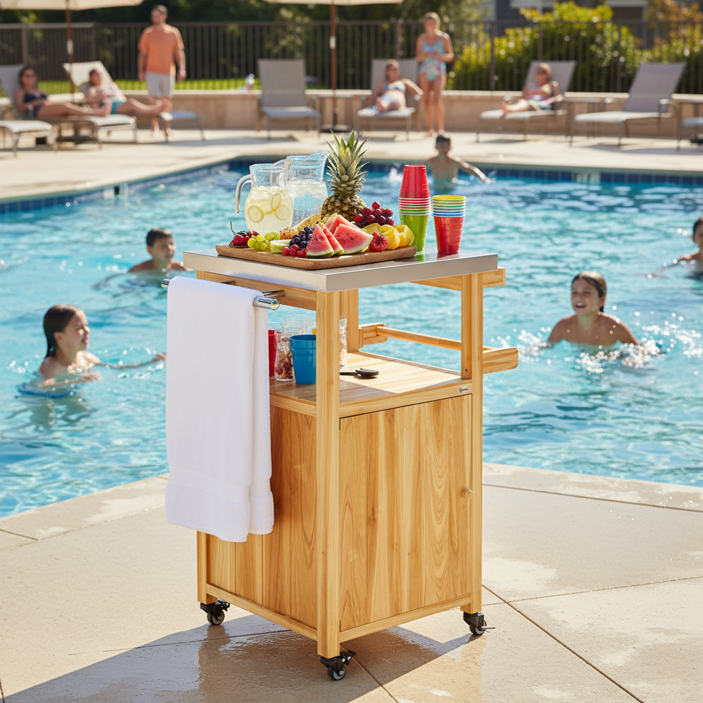 Outsunny Outdoor Grill Cart w/ Stainless Steel Top, Solid Wood Outdoor Kitchen Island w/ Wheels, Integrated Hole, Natural Wood