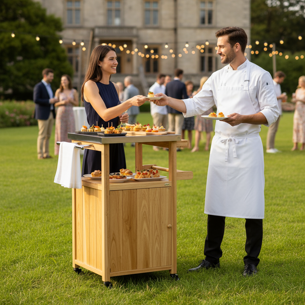 Outsunny Outdoor Grill Cart w/ Stainless Steel Top, Solid Wood Outdoor Kitchen Island w/ Wheels, Integrated Hole, Natural Wood
