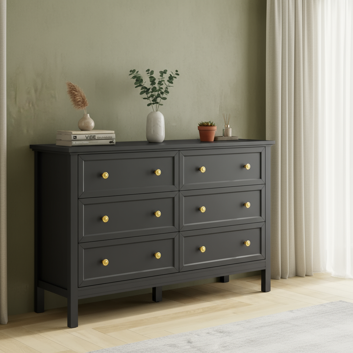 Modern 6 Drawer Dresser – Stylish Wood Storage Cabinet with Black Handles | Bedroom & Living Room Furniture | Trufairs