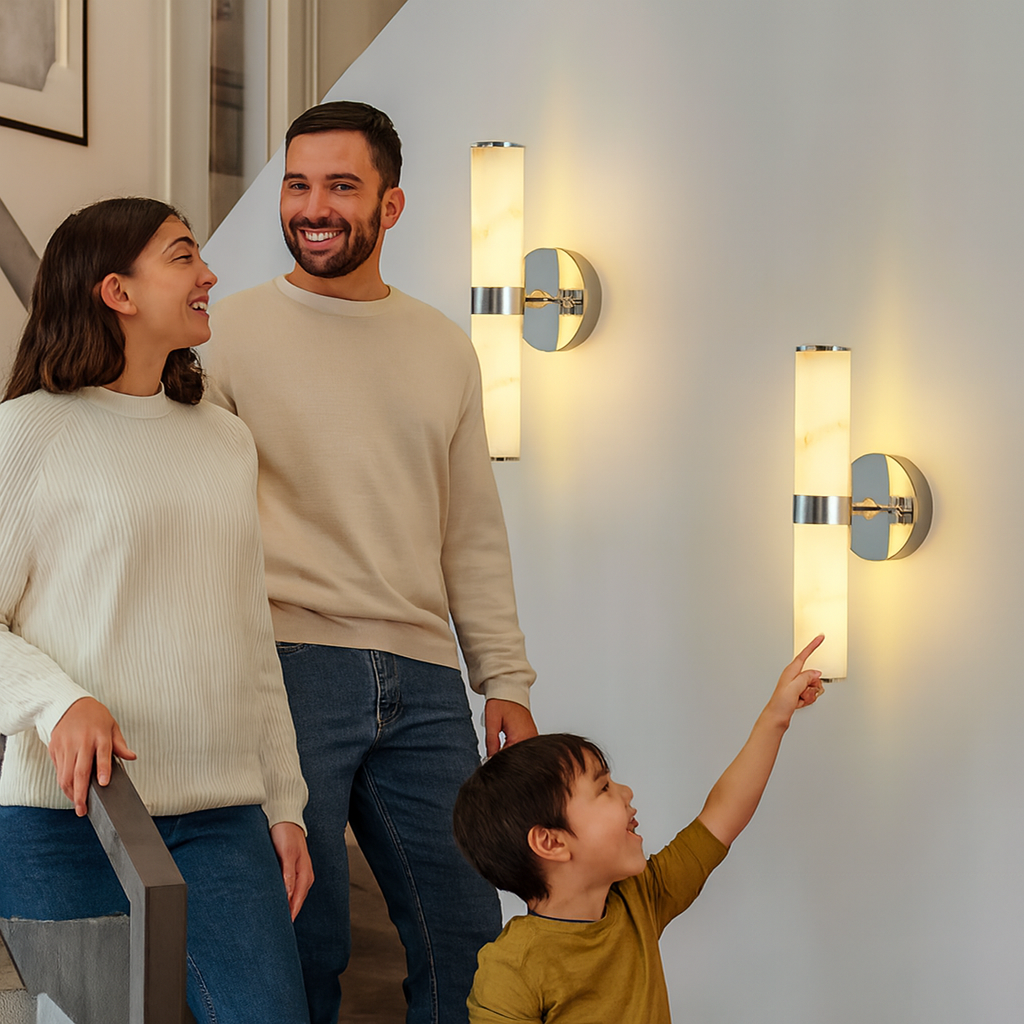 Resin Imitation Marble and Chrome Wall Sconce – Set of 2 Modern Vertical Light Fixtures for Indoor Use | Bathroom & Hallway Lighting | Trufairs
