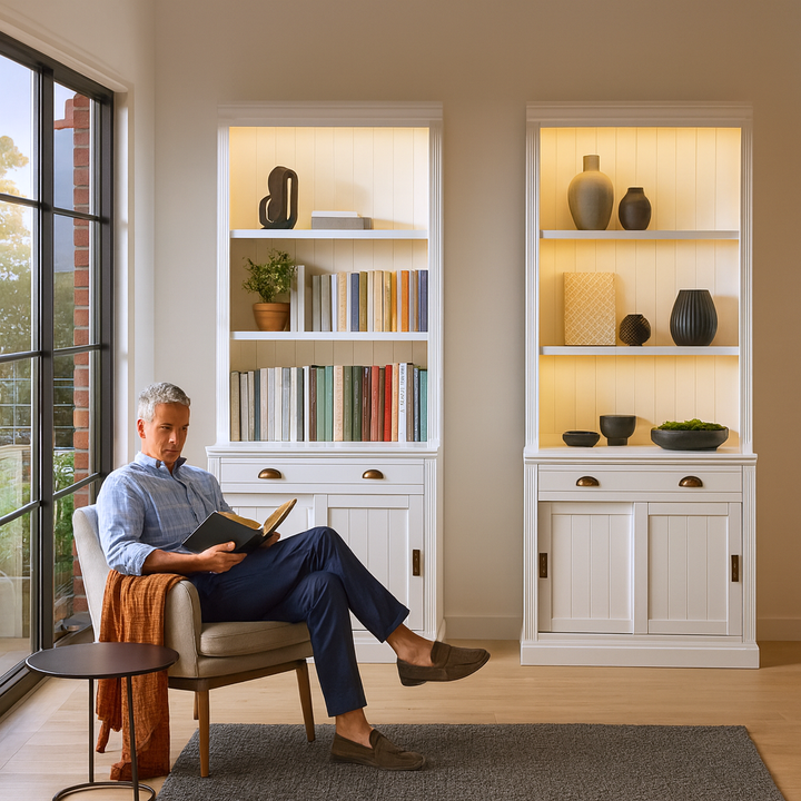 83.4" LED Smart Bookcase with Sliding Doors – Modern White Storage Tower | Contemporary Home Organization | Trufairs