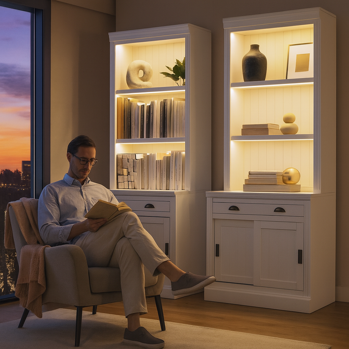 83.4" LED Smart Bookcase with Sliding Doors – Modern White Storage Tower | Contemporary Home Organization | Trufairs