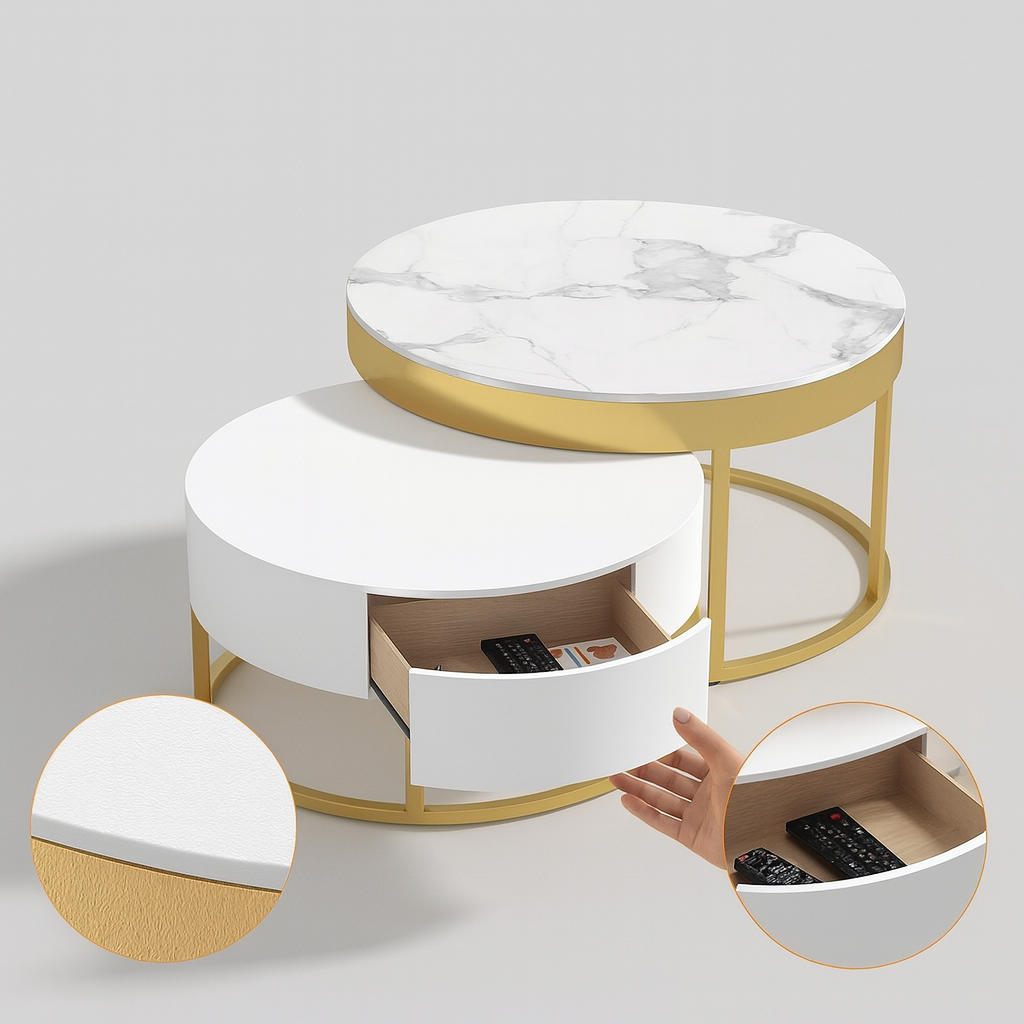 AuraNest Round Coffee Table – Sintered Stone Top & Storage | Modern Nesting | Trufairs