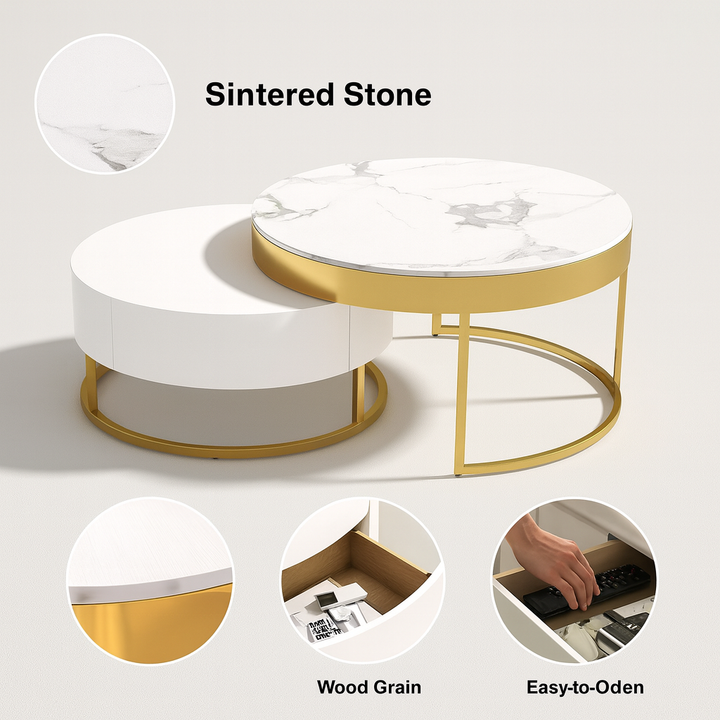 AuraNest Round Coffee Table – Sintered Stone Top & Storage | Modern Nesting | Trufairs