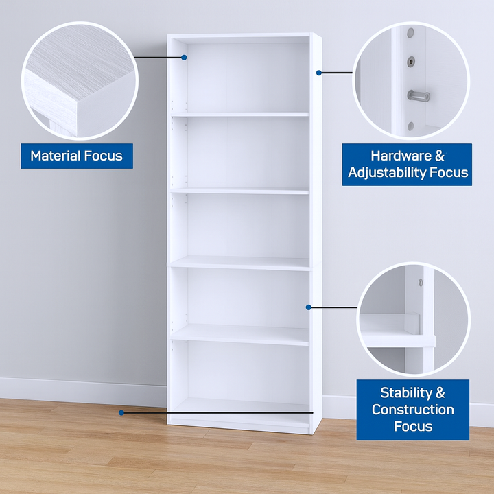 5-Shelf Adjustable White Bookcase – Customizable Storage Solution | Modern Organization Furniture | Trufairs