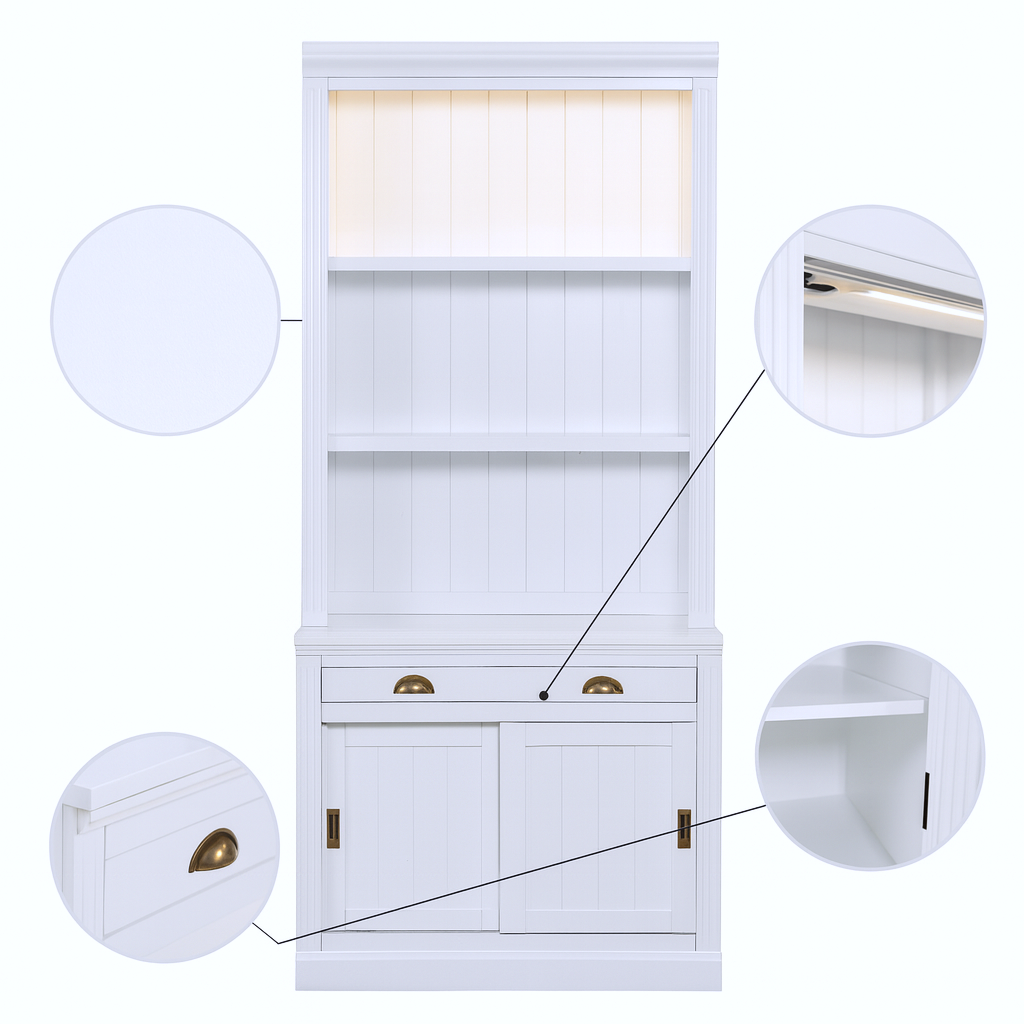 83.4" LED Smart Bookcase with Sliding Doors – Modern White Storage Tower | Contemporary Home Organization | Trufairs