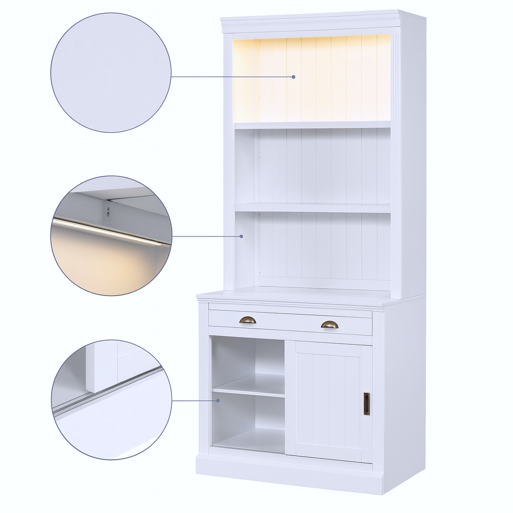 83.4" LED Smart Bookcase with Sliding Doors – Modern White Storage Tower | Contemporary Home Organization | Trufairs