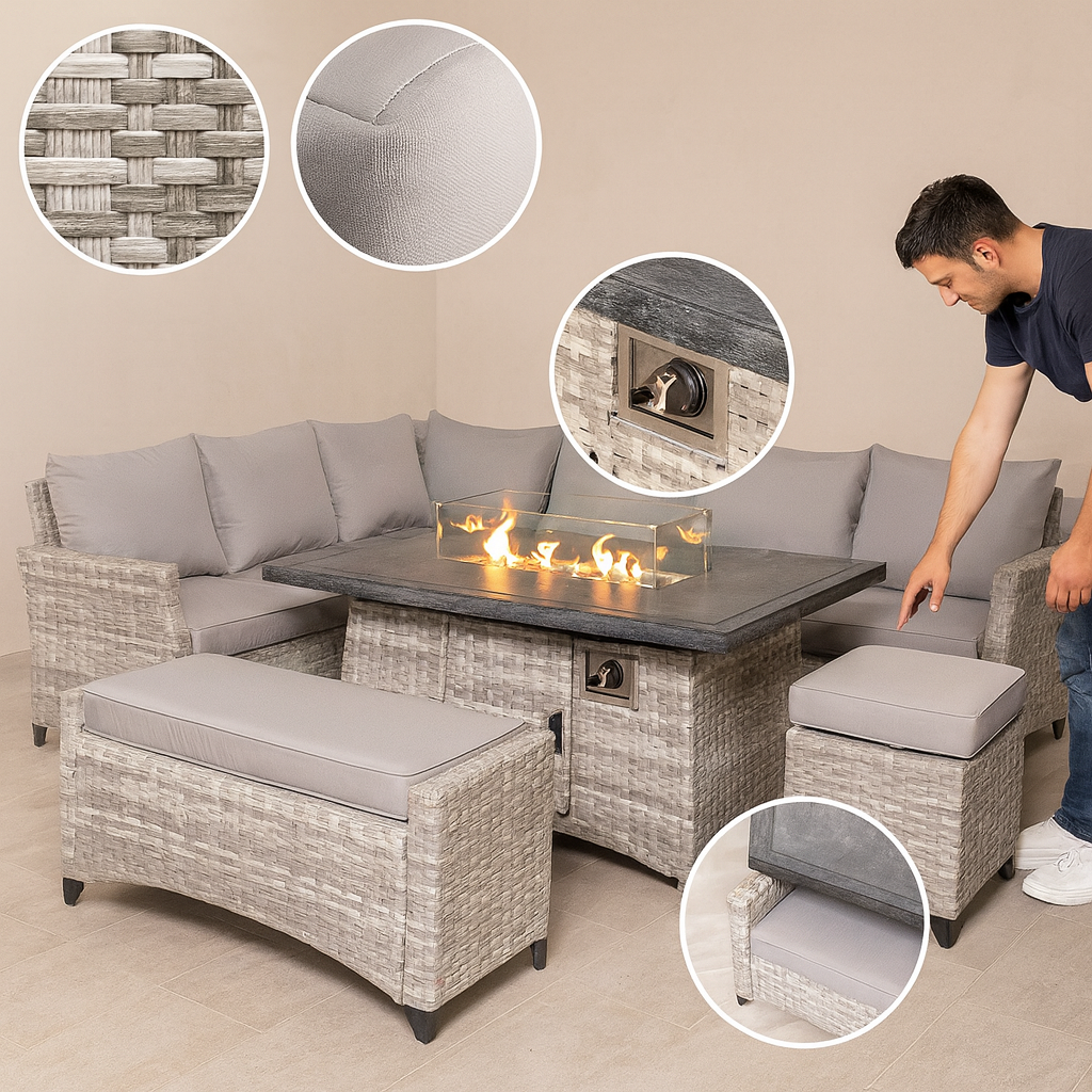Modern Outdoor Wicker Sofa Set – Fire Pit Table & Ottoman | Patio Conversation | Trufairs