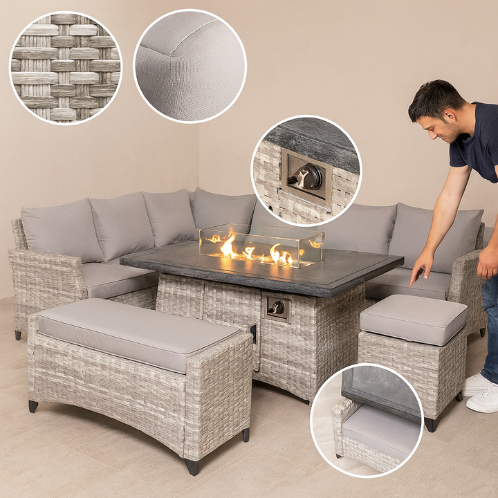 Modern Outdoor Wicker Sofa Set – Fire Pit Table & Ottoman | Patio Conversation | Trufairs