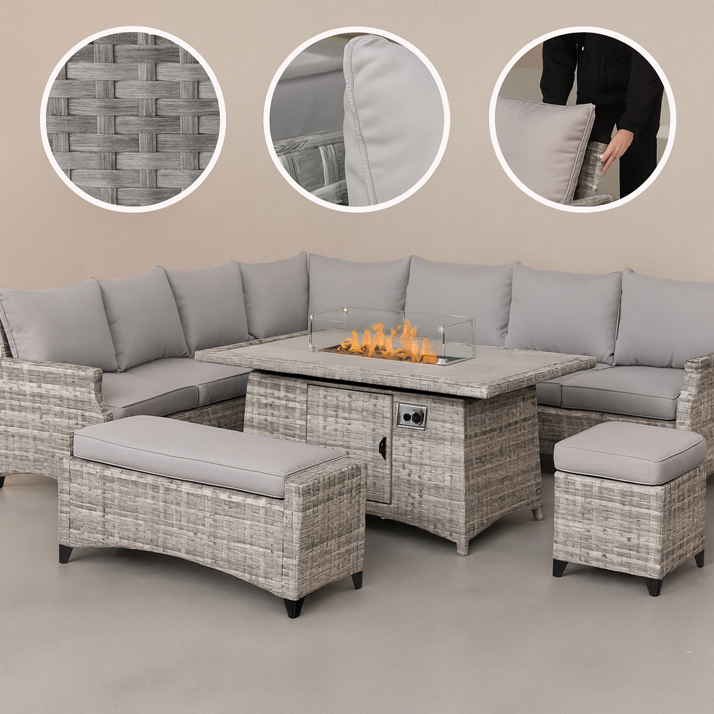 Modern Outdoor Wicker Sofa Set – Fire Pit Table & Ottoman | Patio Conversation | Trufairs