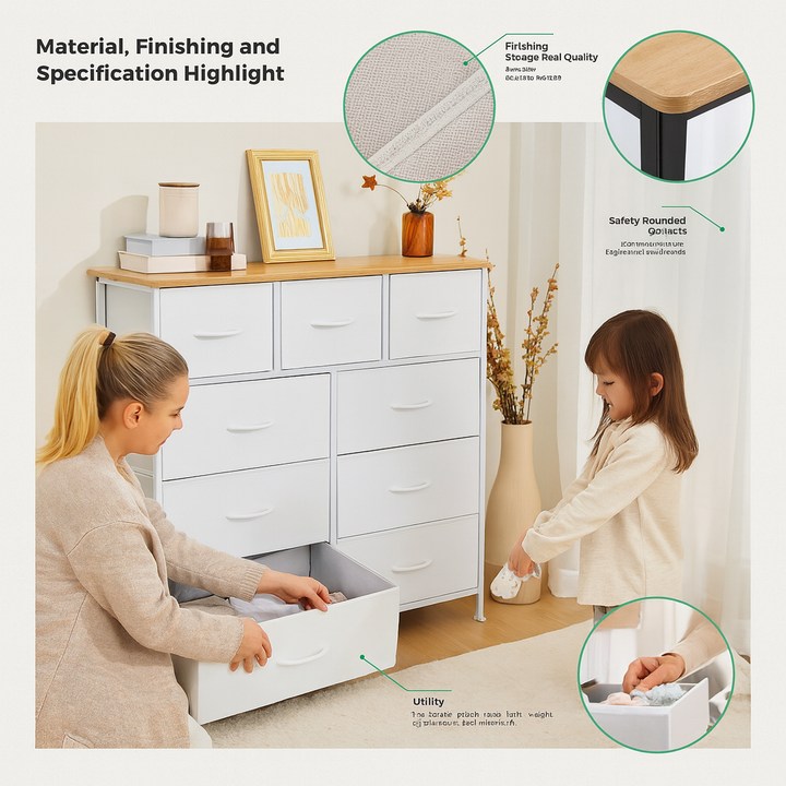Tall 9-Drawer Fabric Dresser – Metal Frame, Wooden Top Organizer | Bedroom & Nursery Storage Tower | Trufairs