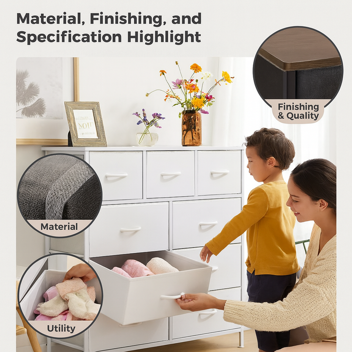Tall 9-Drawer Fabric Dresser – Metal Frame, Wooden Top Organizer | Bedroom & Nursery Storage Tower | Trufairs