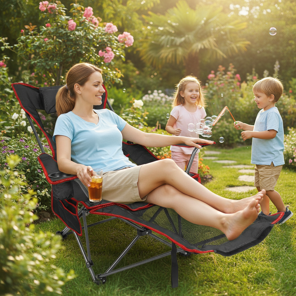 Foldable Camping Chair 330LBS Load Heavy Duty Steel Lawn Chair Collapsible Chair with Reclining Backrest Angle Cup Holder Pillow Side Pocket Carry Bag
