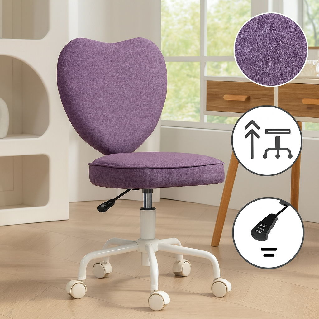 Heart Back Adjustable Office Chair – Upholstered Purple Desk Chair, Rolling Vanity Seat | Trufairs