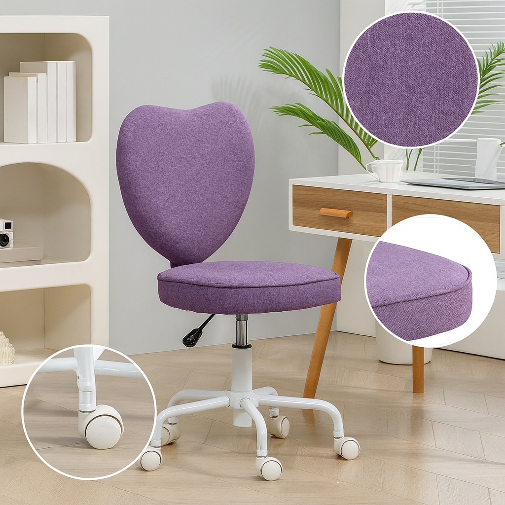 Heart Back Adjustable Office Chair – Upholstered Purple Desk Chair, Rolling Vanity Seat | Trufairs