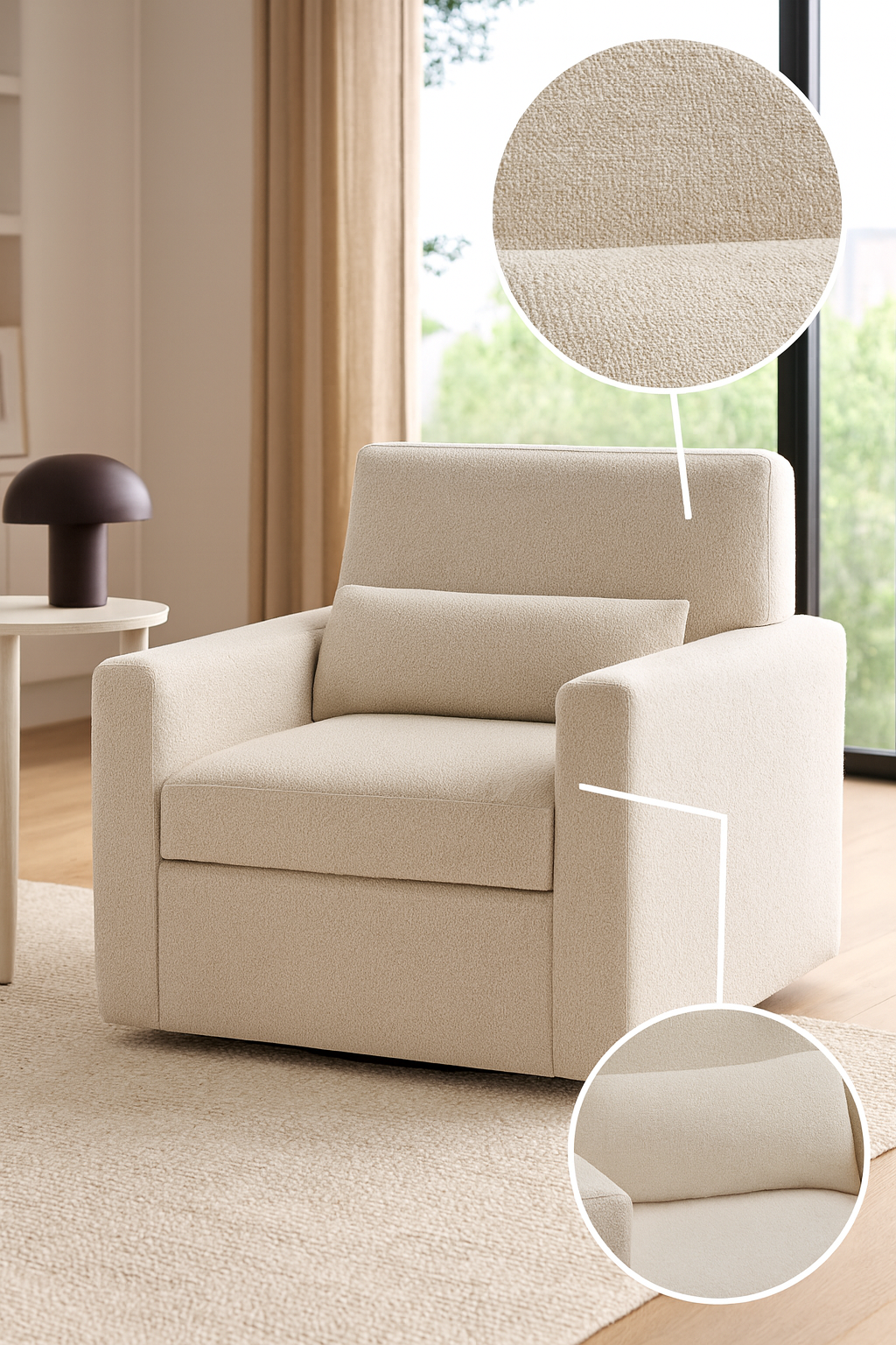Modern Swivel Accent Chair – Plush Beige Boucle Upholstery & Solid Wood Base | Ergonomic Living Room Furniture | Trufairs