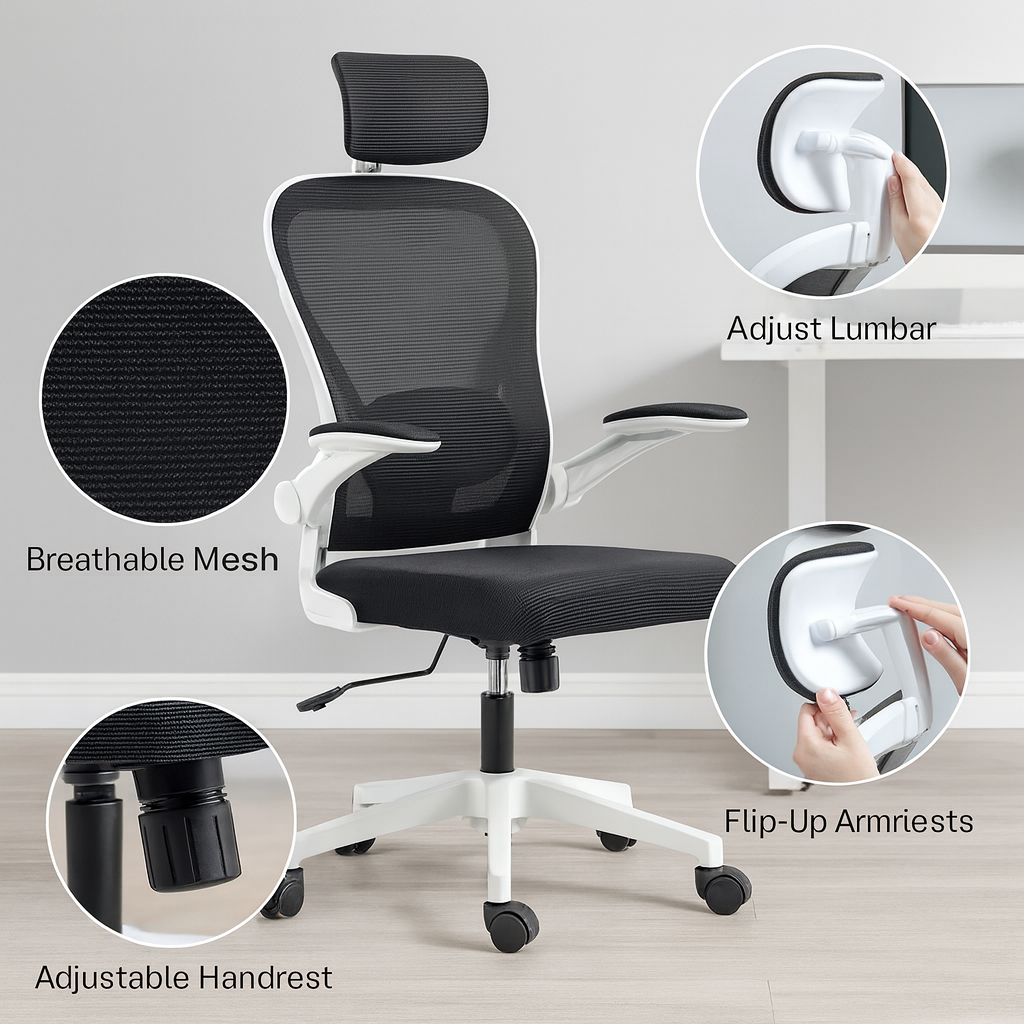 HOMCOM Black Mesh Ergonomic Office Chair – High Back Desk Chair with Flip-Up Armrests & Adjustable Support | Executive Office Furniture | Trufairs