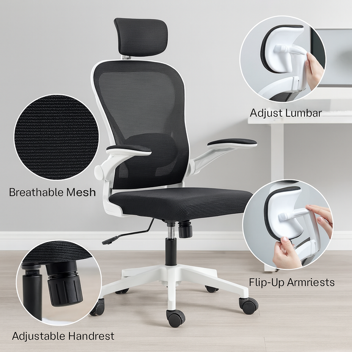 HOMCOM Black Mesh Ergonomic Office Chair – High Back Desk Chair with Flip-Up Armrests & Adjustable Support | Executive Office Furniture | Trufairs