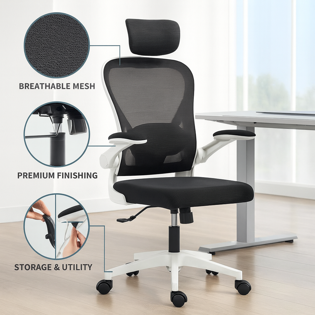 HOMCOM Black Mesh Ergonomic Office Chair – High Back Desk Chair with Flip-Up Armrests & Adjustable Support | Executive Office Furniture | Trufairs